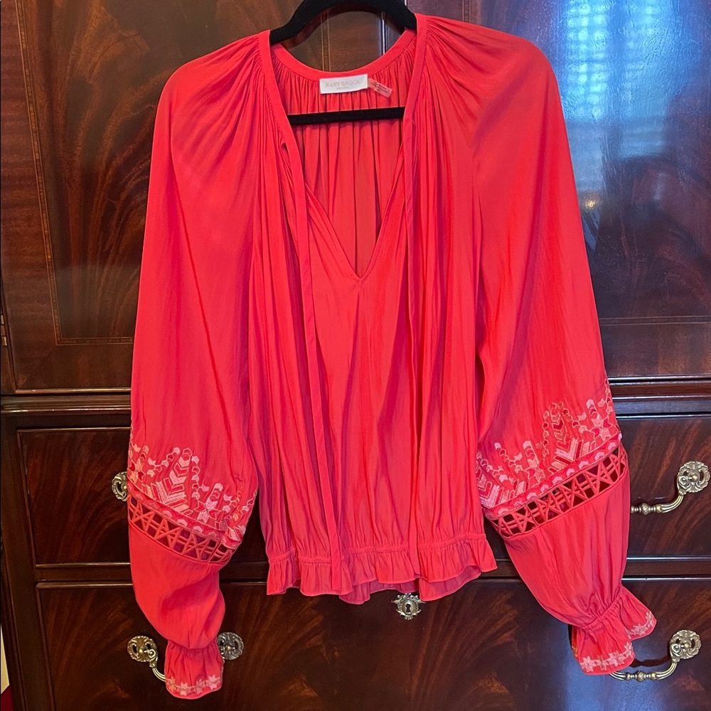 Ramy Brook Vibrant Red Blouse with Embroidered Sleeves, MEDIUM